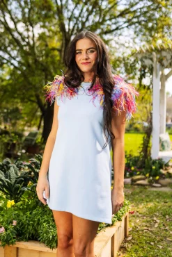 Shop Queen Of Sparkles Shoulder Pad Dress With Rainbow Feather Shoulders Sky Blue