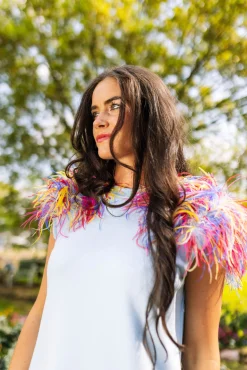 Shop Queen Of Sparkles Shoulder Pad Dress With Rainbow Feather Shoulders Sky Blue