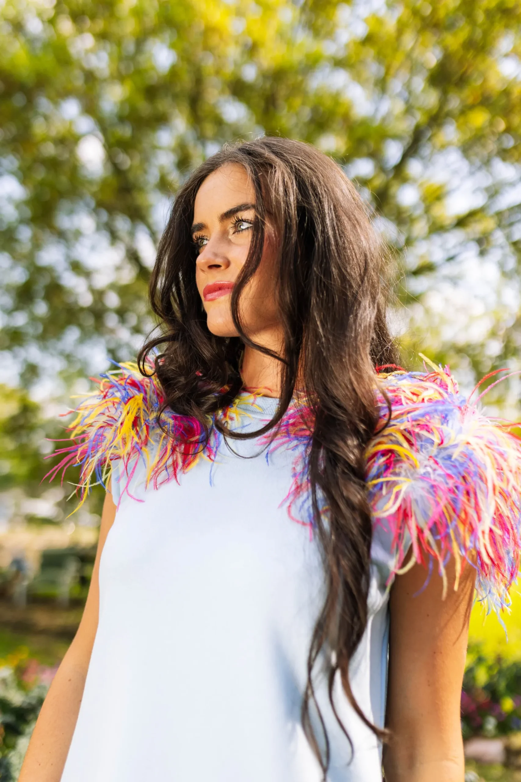Shop Queen Of Sparkles Shoulder Pad Dress With Rainbow Feather Shoulders Sky Blue