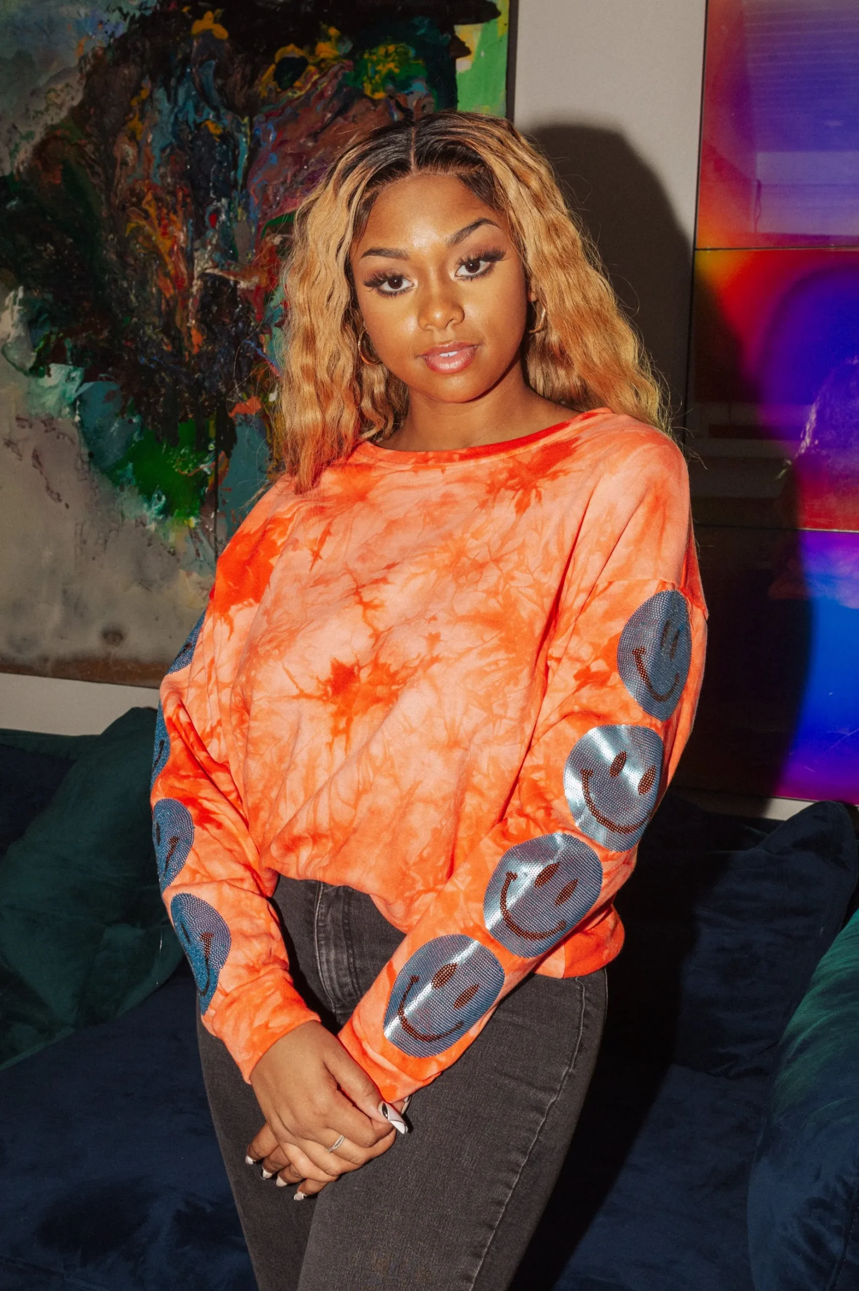 Best Queen Of Sparkles Smiley Sequin Sleeve Sweatshirt Tie Dye Red