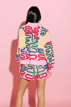 Fashion Queen Of Sparkles Squiggle Henley Sweatshirt Pink
