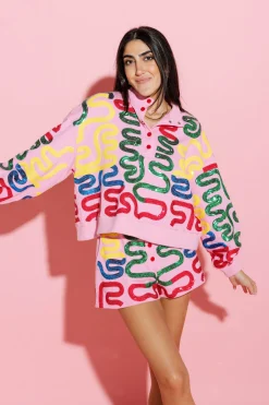 Best Sale Queen Of Sparkles Squiggle Henley Sweatshirt Pink
