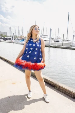 Sale Queen Of Sparkles Star Feather Bottom Tank Dress Blue