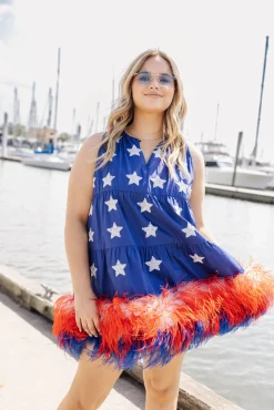 Sale Queen Of Sparkles Star Feather Bottom Tank Dress Blue