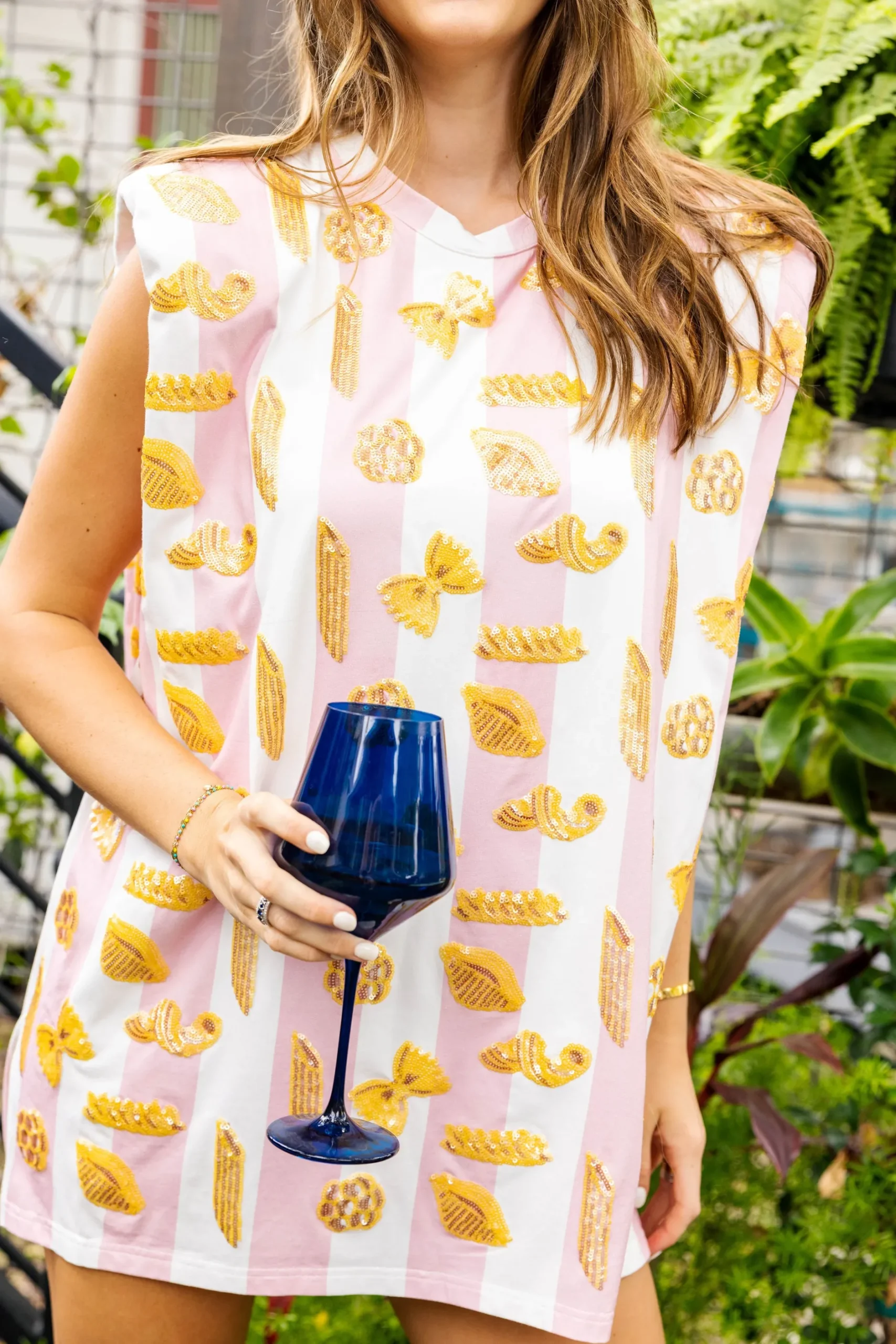 Sale Queen Of Sparkles Stripe Pasta Shoulder Pad Dress Pink