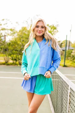 Discount Queen Of Sparkles Teal & Periwinkle Rhinestone Polo Sweatshirt