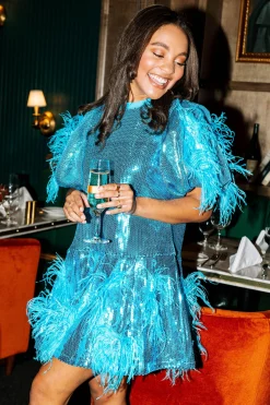Online Queen Of Sparkles Teal Full Sequin Feather Dress