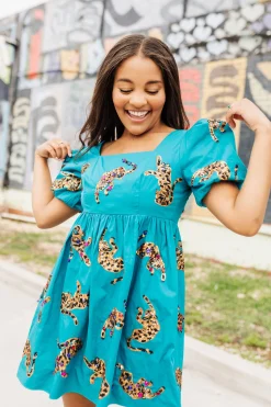 Best Sale Queen Of Sparkles Teal Leopard Dress