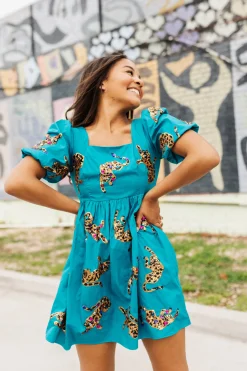 Best Sale Queen Of Sparkles Teal Leopard Dress