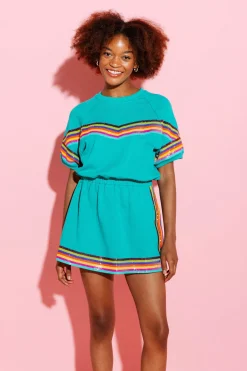 Discount Queen Of Sparkles Teal Rainbow Sequin Stripe Dress Short Sleeve