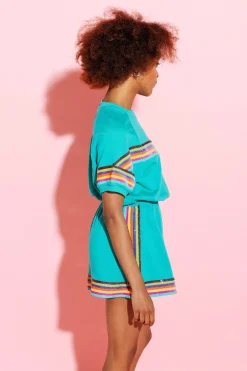 Discount Queen Of Sparkles Teal Rainbow Sequin Stripe Dress Short Sleeve