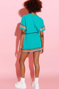 Discount Queen Of Sparkles Teal Rainbow Sequin Stripe Dress Short Sleeve