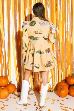 Store Queen Of Sparkles Thanksgiving Food Poof Sleeve Collar Dress Tan