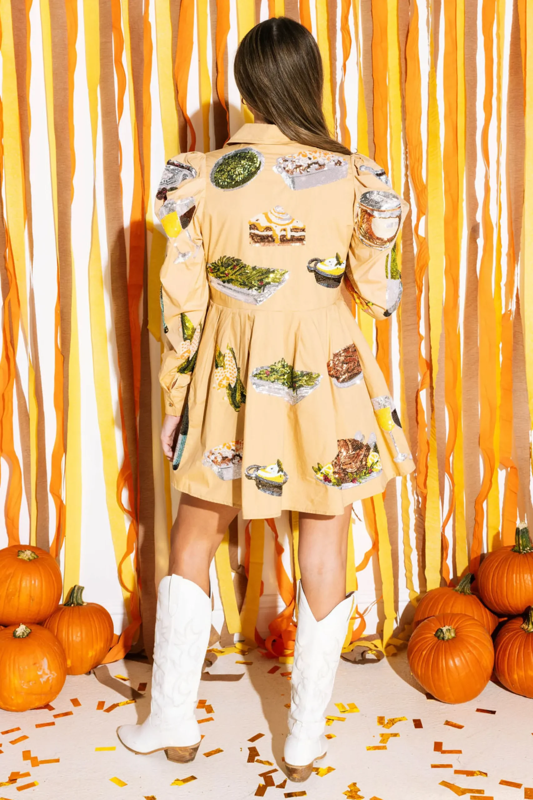 Store Queen Of Sparkles Thanksgiving Food Poof Sleeve Collar Dress Tan