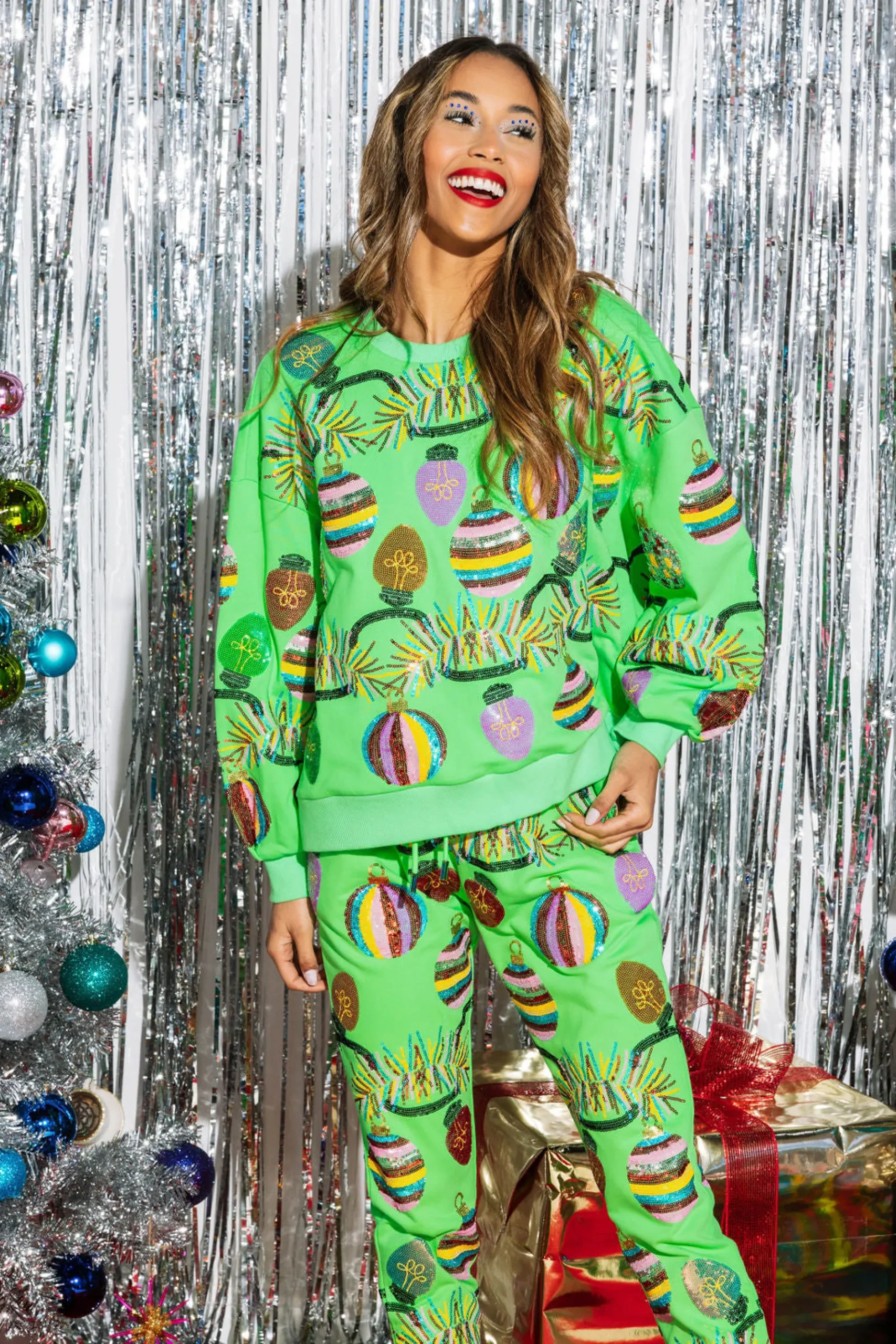 Clearance Queen Of Sparkles Tinsel, Lights & Ornament Sweatshirt Neon Green