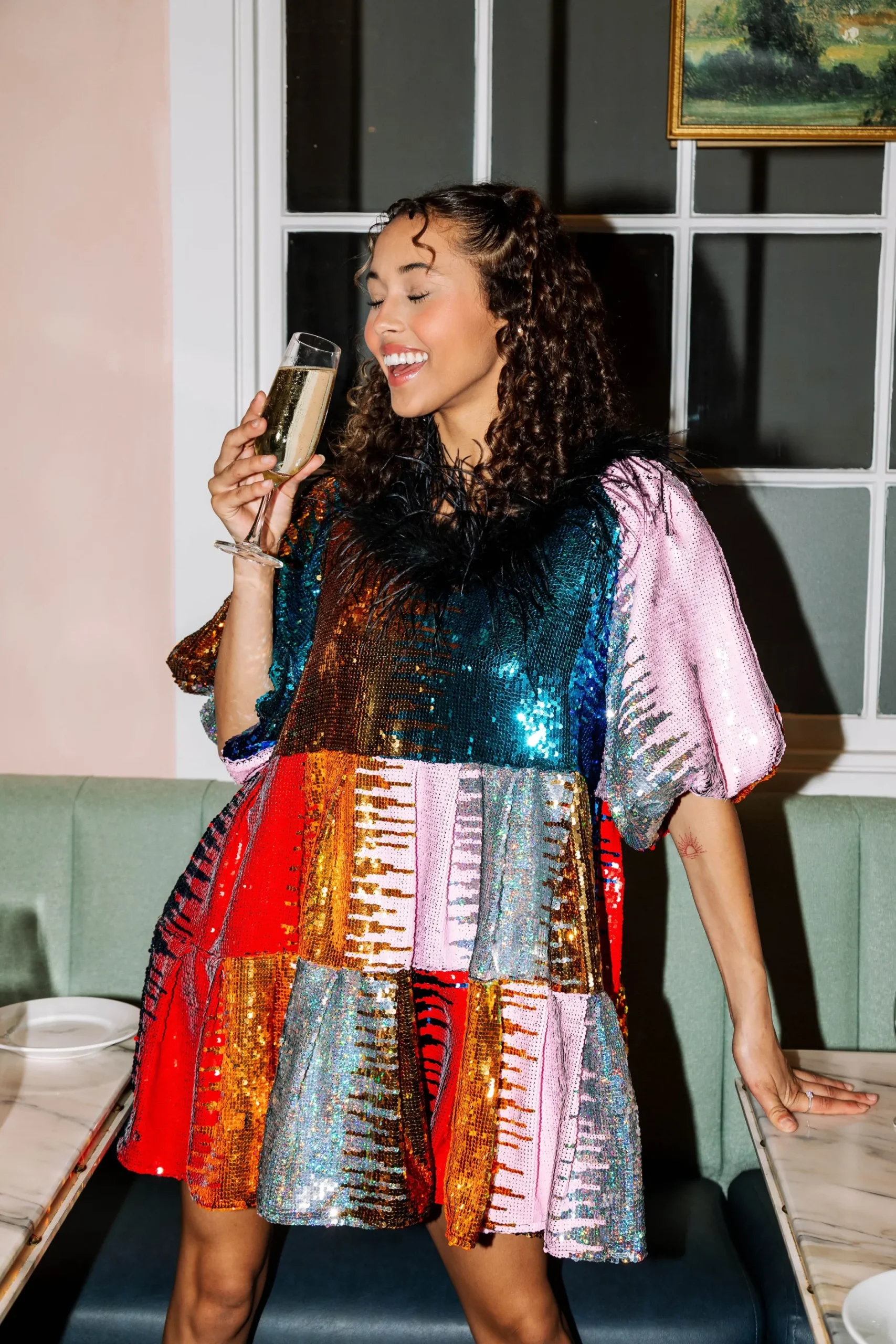 Sale Queen Of Sparkles Vertical Rainbow Sequin Feather Dress