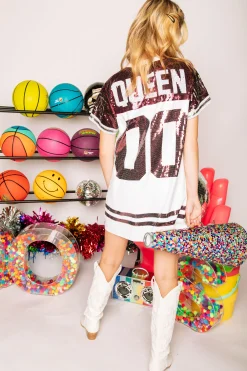 Cheap Queen Of Sparkles White And Maroon Full Sequin Jersey Dress