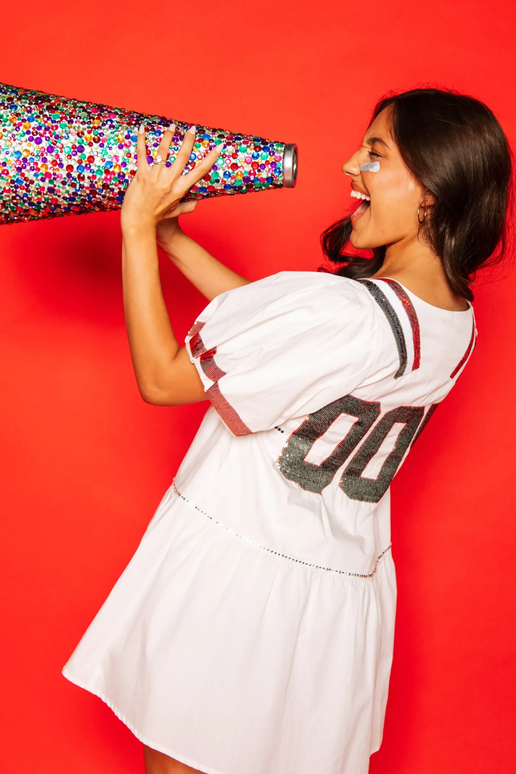 Hot Queen Of Sparkles White, Black/Red Poof Sleeve Qos Jersey Dress