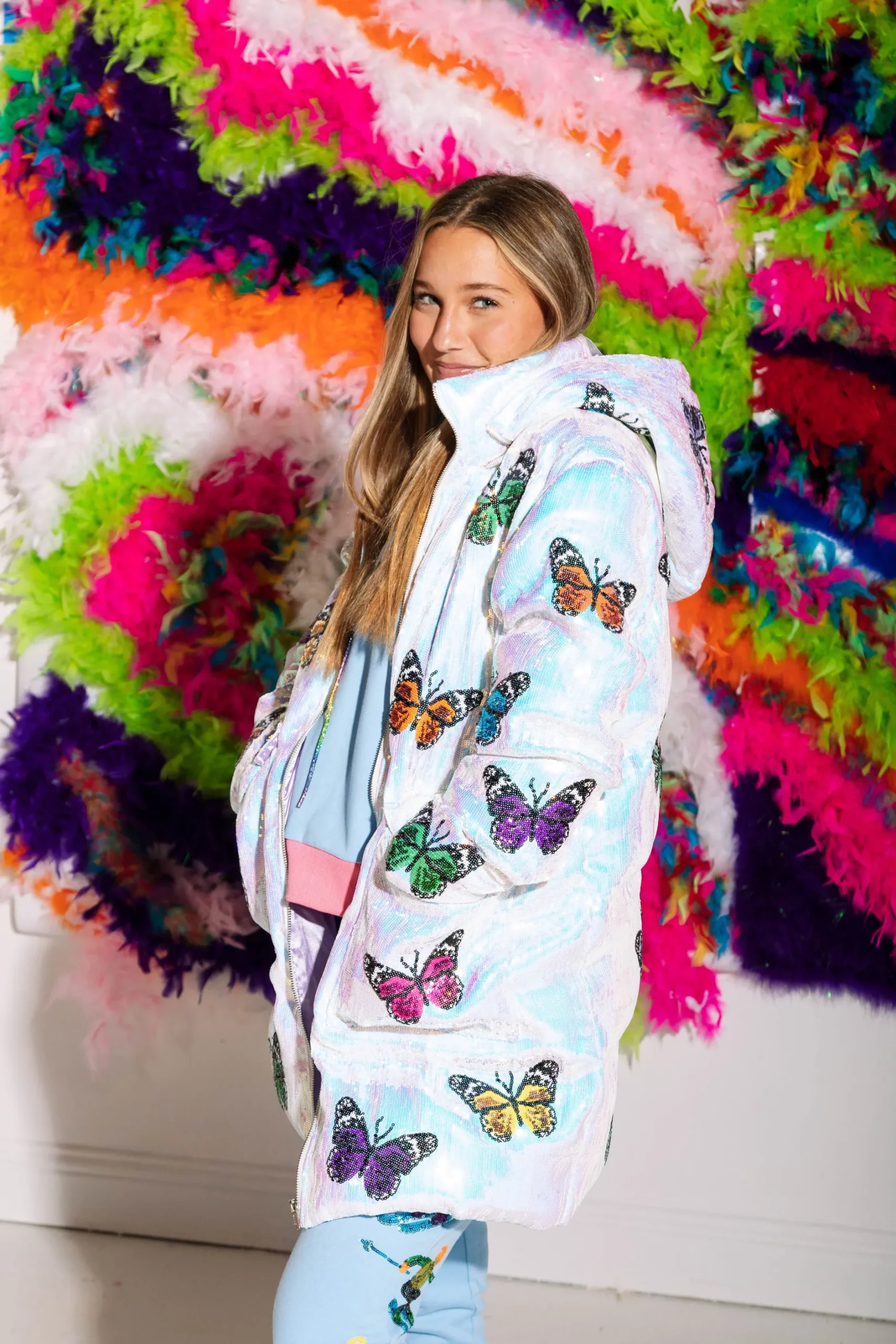 Shop Queen Of Sparkles White Butterfly Oversized Puffer