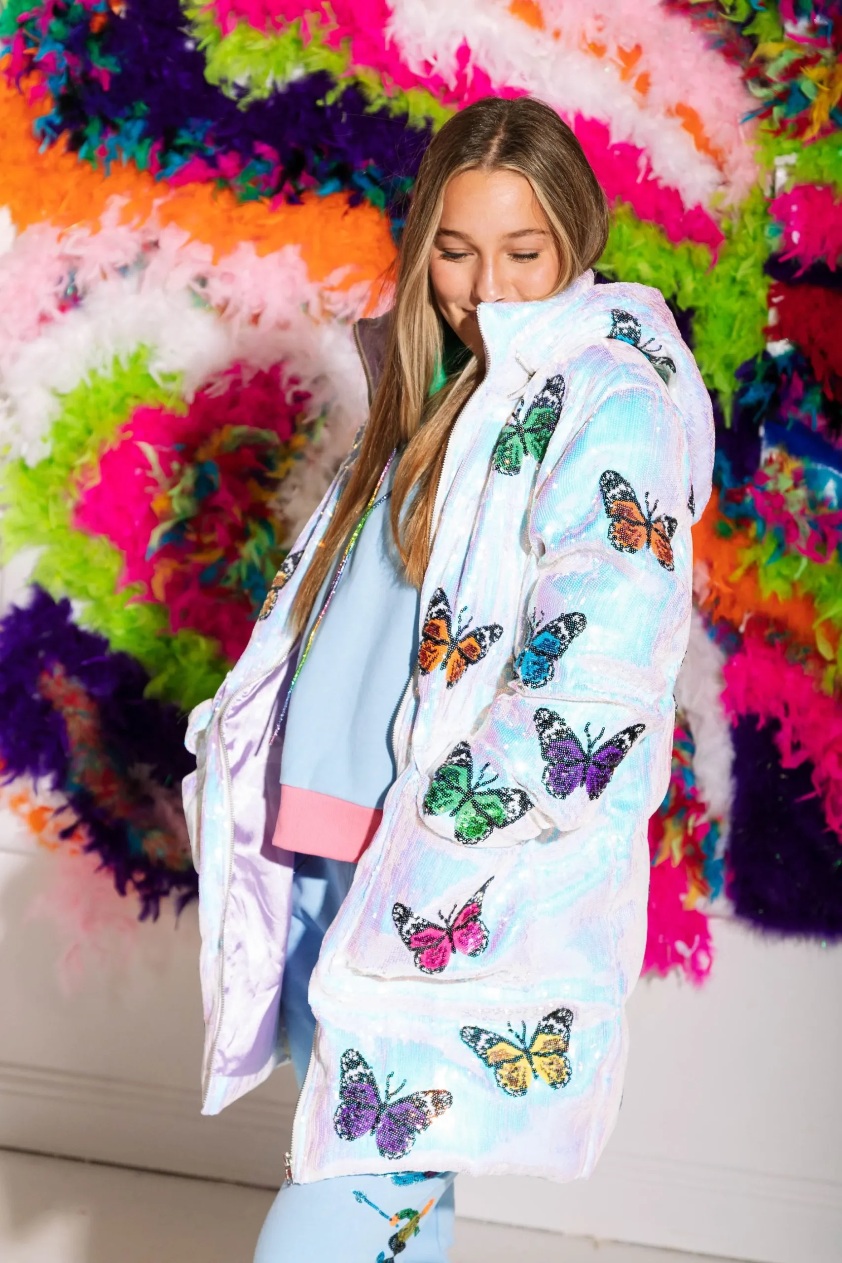 Shop Queen Of Sparkles White Butterfly Oversized Puffer