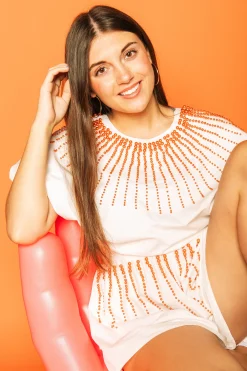 Discount Queen Of Sparkles White Cotton Bubble Top With Orange Burst