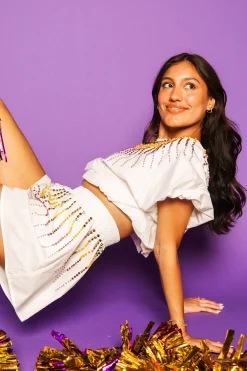 Shop Queen Of Sparkles White Cotton Bubble Top With Purple & Gold Burst