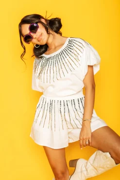 Best Queen Of Sparkles White Cotton Bubble Top With Black & Gold Burst