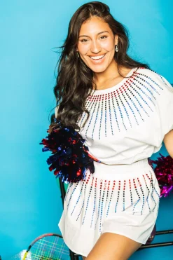 Online Queen Of Sparkles White Cotton Short With Red & Blue Burst