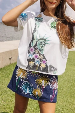Clearance Queen Of Sparkles White Firework Lady Liberty Tee