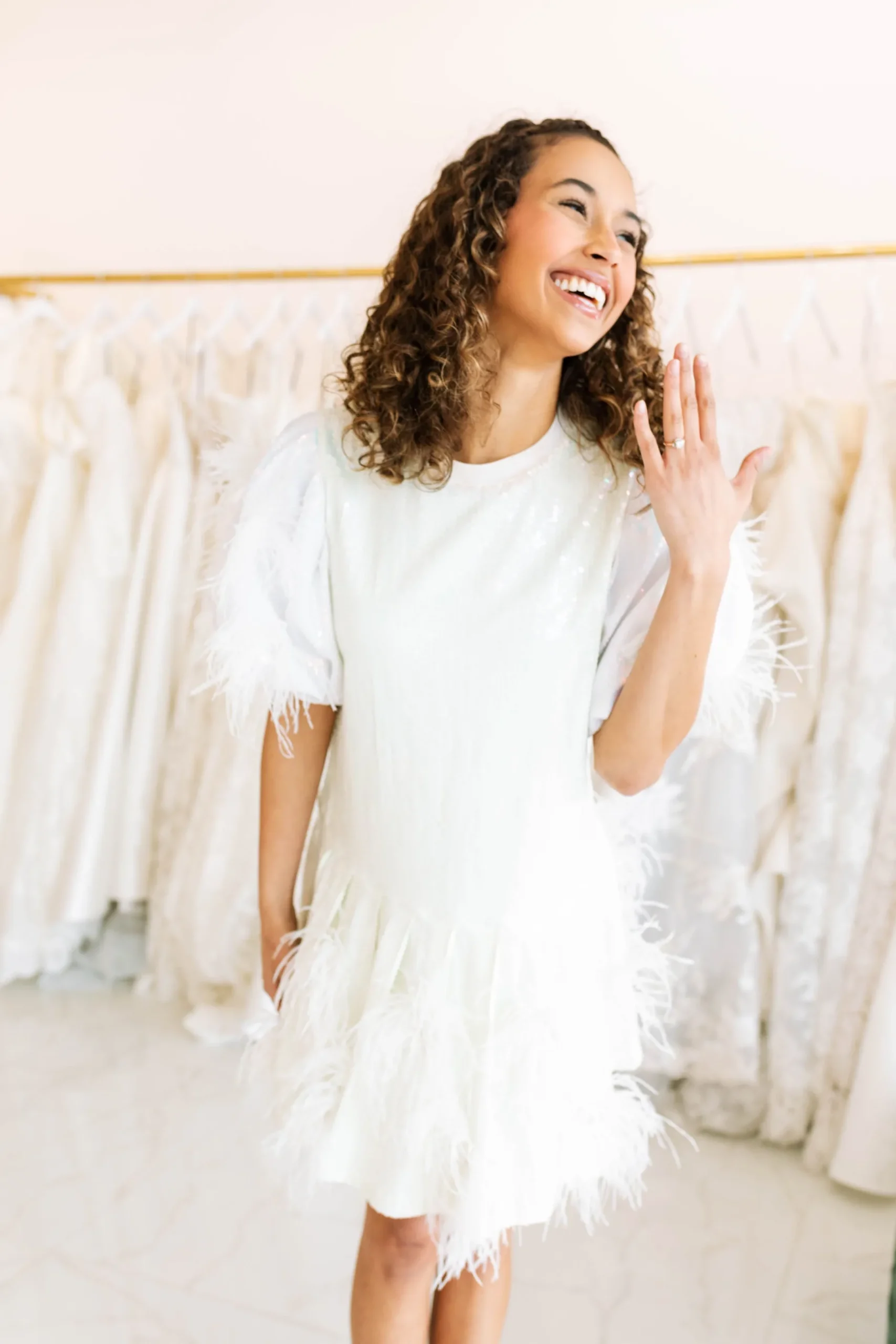 Outlet Queen Of Sparkles White Full Sequin Poof Sleeve Feather Dress