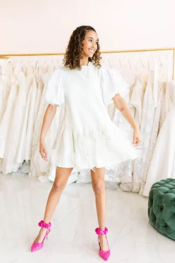 Outlet Queen Of Sparkles White Full Sequin Poof Sleeve Feather Dress