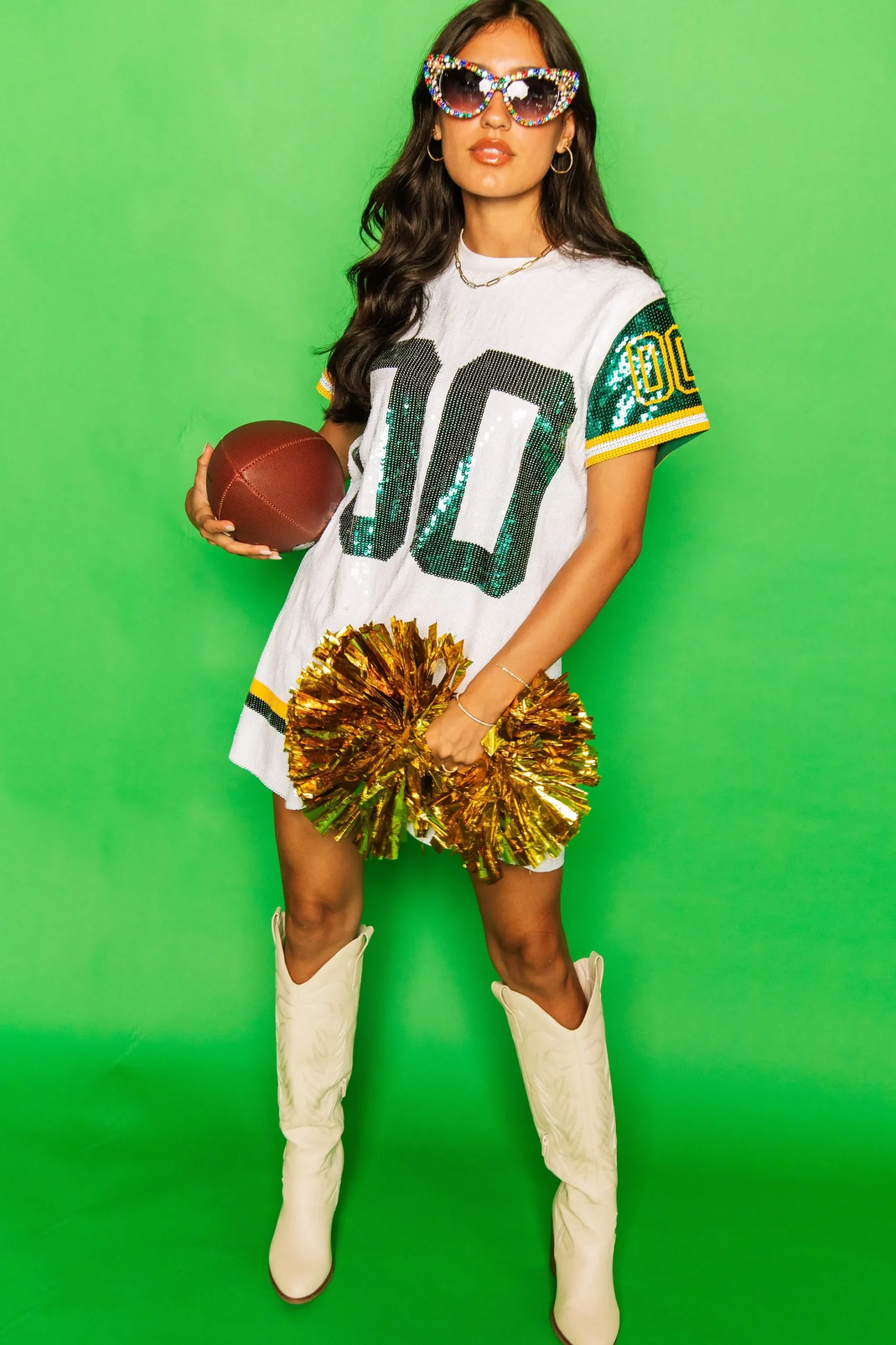 Sale Queen Of Sparkles White, Green/Yellow Full Sequin Jersey Dress
