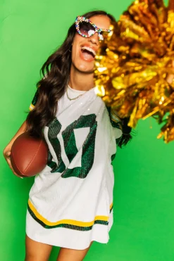 Sale Queen Of Sparkles White, Green/Yellow Full Sequin Jersey Dress