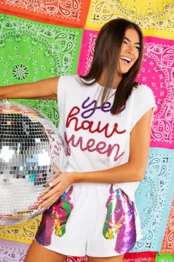 Clearance Queen Of Sparkles White Horse Head Fringe Side Shorts