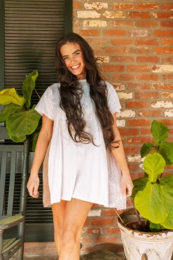 Clearance Queen Of Sparkles White Iridescent Sequin Cape Back Dress