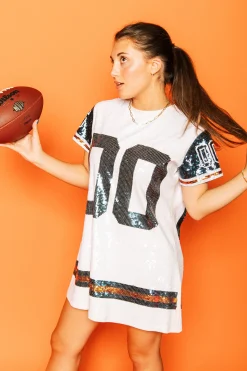 Fashion Queen Of Sparkles White, Navy/Orange Full Sequin Jersey Dress