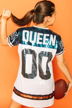 Fashion Queen Of Sparkles White, Navy/Orange Full Sequin Jersey Dress