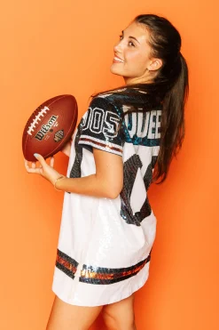 Fashion Queen Of Sparkles White, Navy/Orange Full Sequin Jersey Dress