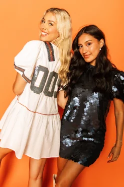 Discount Queen Of Sparkles White, Navy/Orange Poof Sleeve Qos Jersey Dress