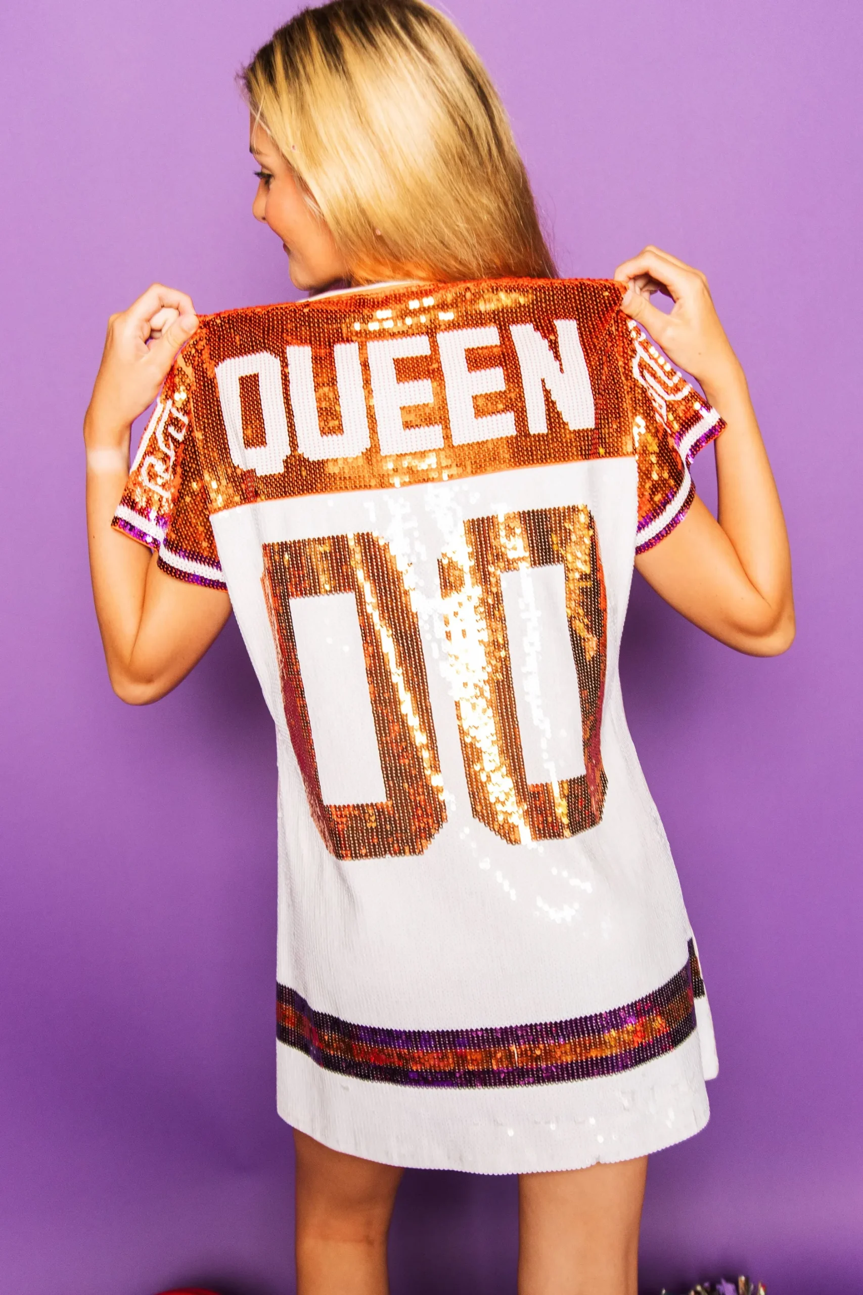 Best Sale Queen Of Sparkles White, Orange/Purple Full Sequin Jersey Dress