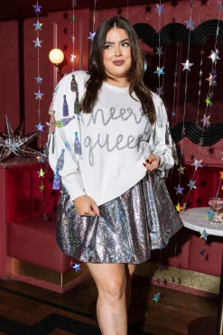 Cheap Queen Of Sparkles White Paillette Cheers Queen Sweater