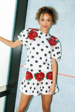 New Queen Of Sparkles White Polka Dot Skirt With Red Flowers
