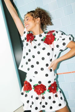 Best Sale Queen Of Sparkles White Polka Dot Top With Red Flowers