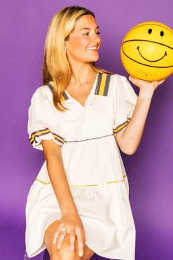 Shop Queen Of Sparkles White, Purple/Gold Poof Sleeve Qos Jersey Dress