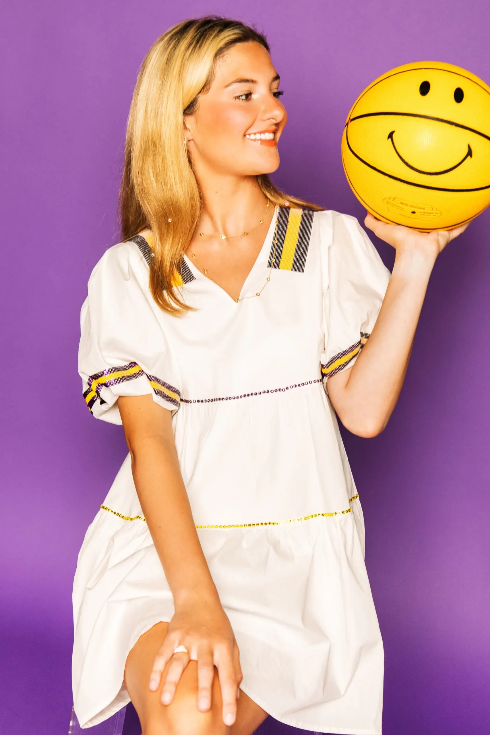 Shop Queen Of Sparkles White, Purple/Gold Poof Sleeve Qos Jersey Dress