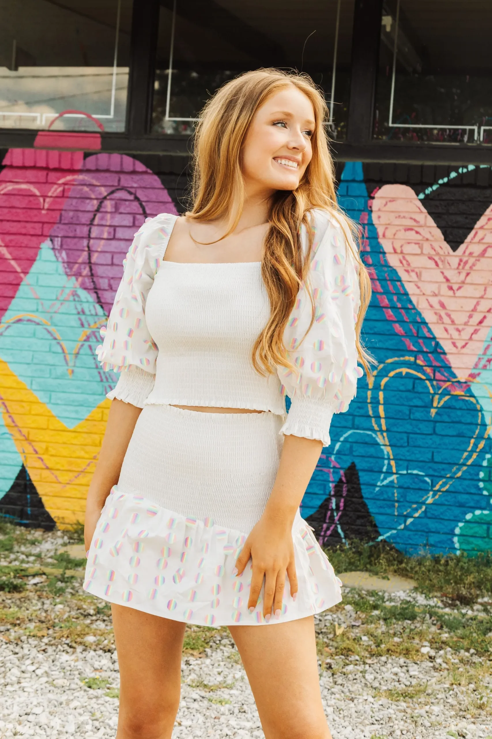 Cheap Queen Of Sparkles White Smocked Rainbow Sequin Pailette Top