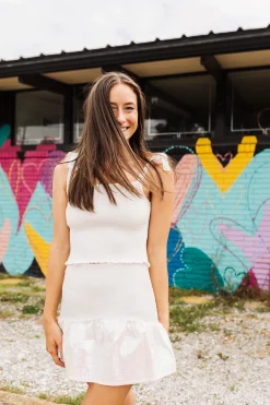 Store Queen Of Sparkles White Smocked Sequin Tie Tank