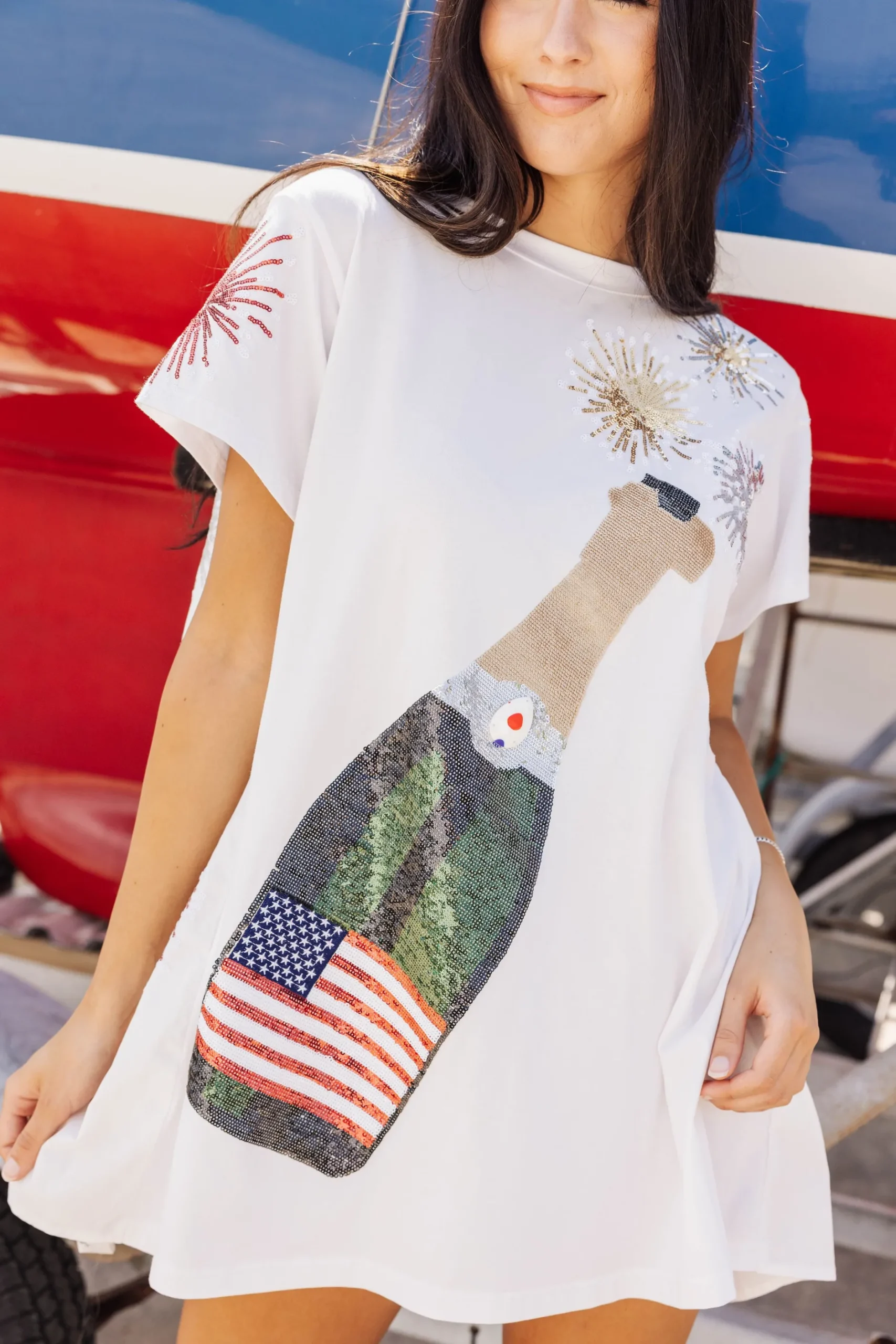 Cheap Queen Of Sparkles White Usa Popping Champagne Tee Dress