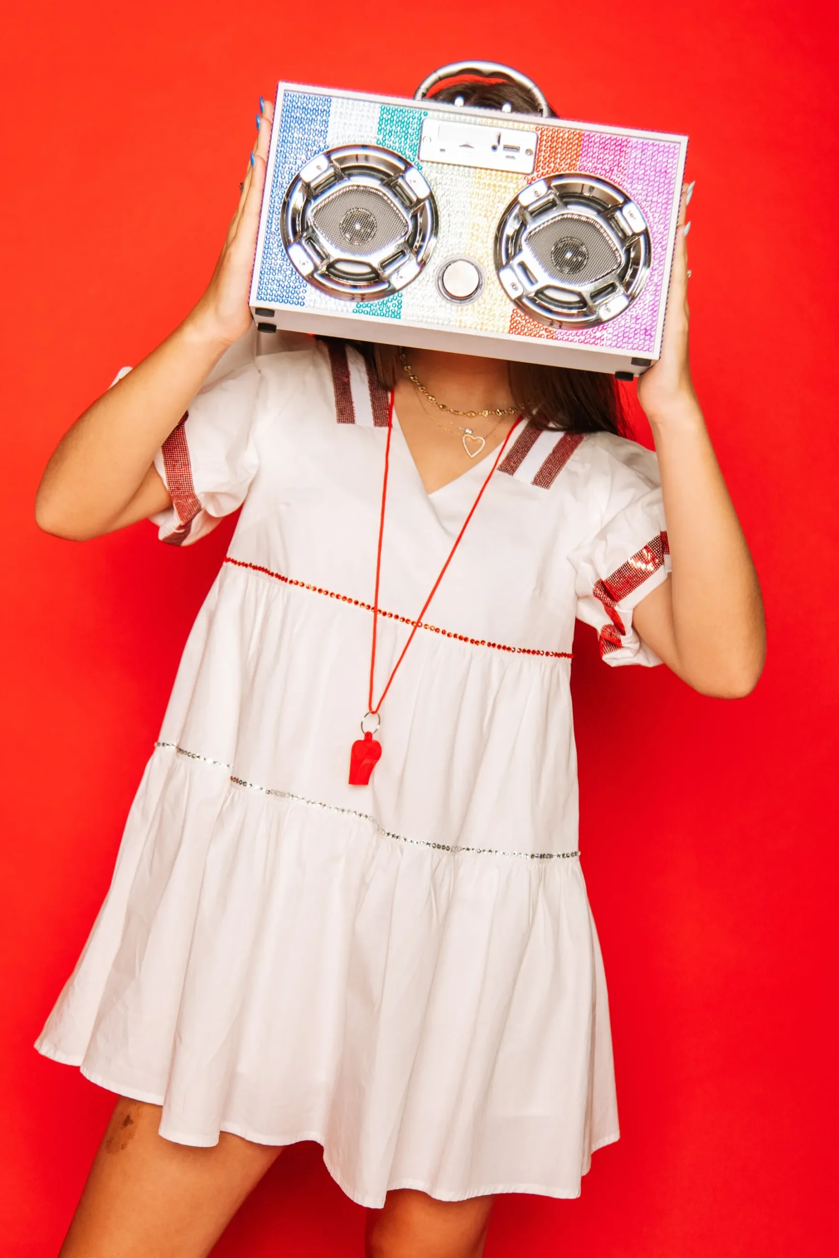 Fashion Queen Of Sparkles White/Bright Red Poof Sleeve Qos Jersey Dress