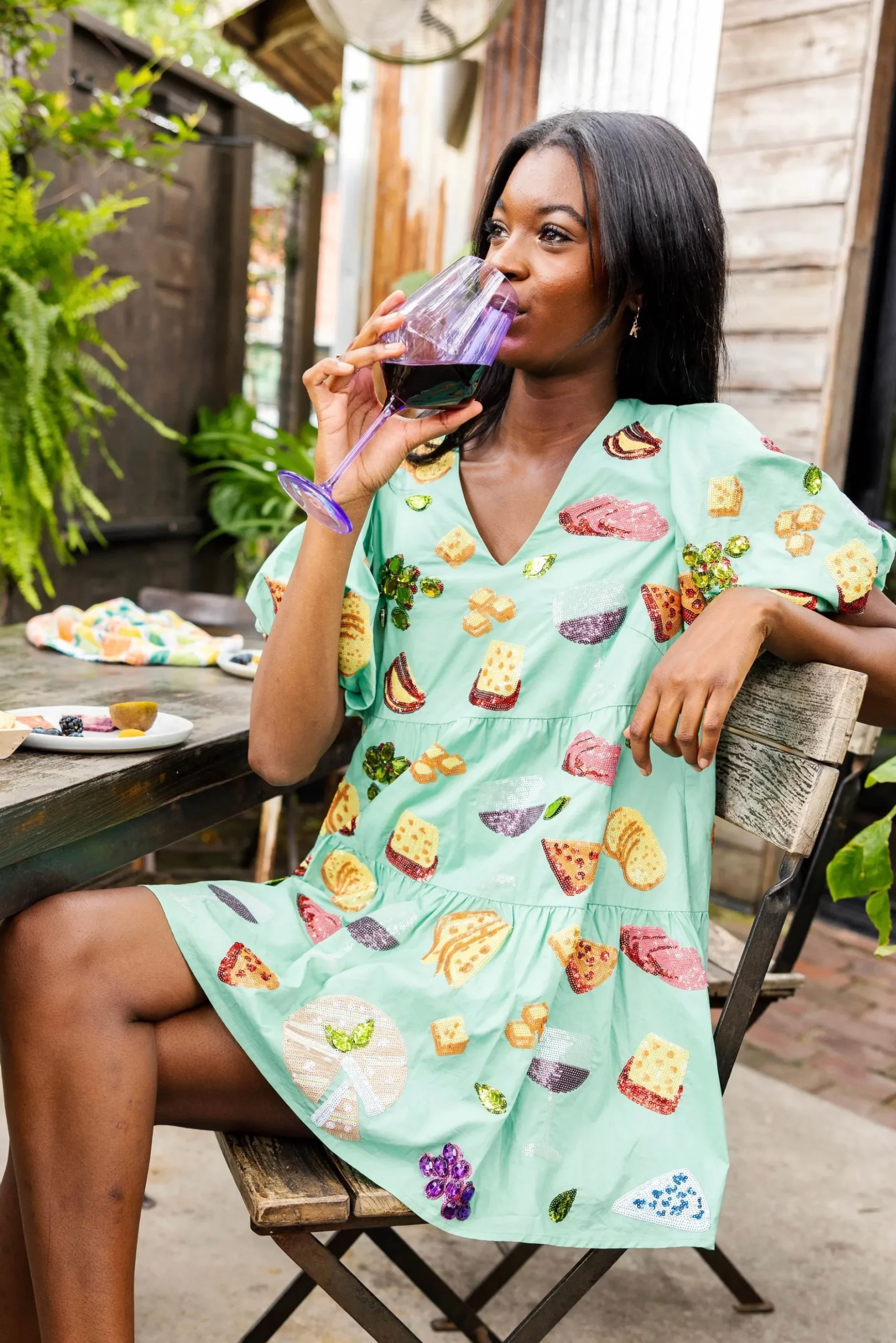 Sale Queen Of Sparkles Wine & Charcuterie Poof Sleeve Dress Mint